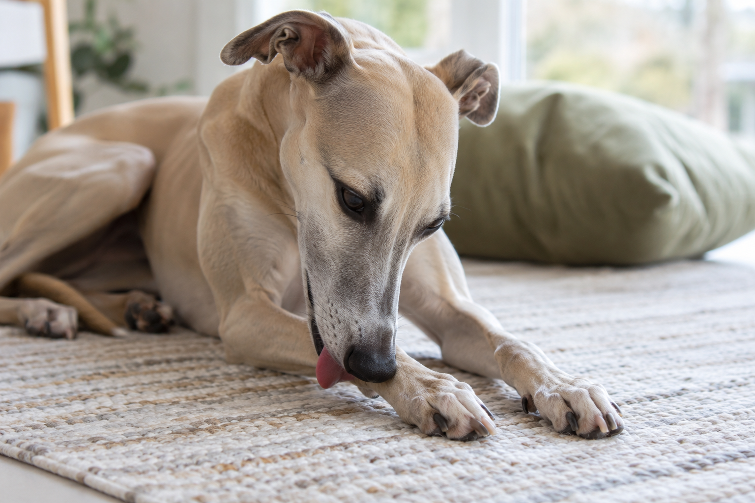 Whippet si doma opakovane olizuje svrbiacu prednú labku
